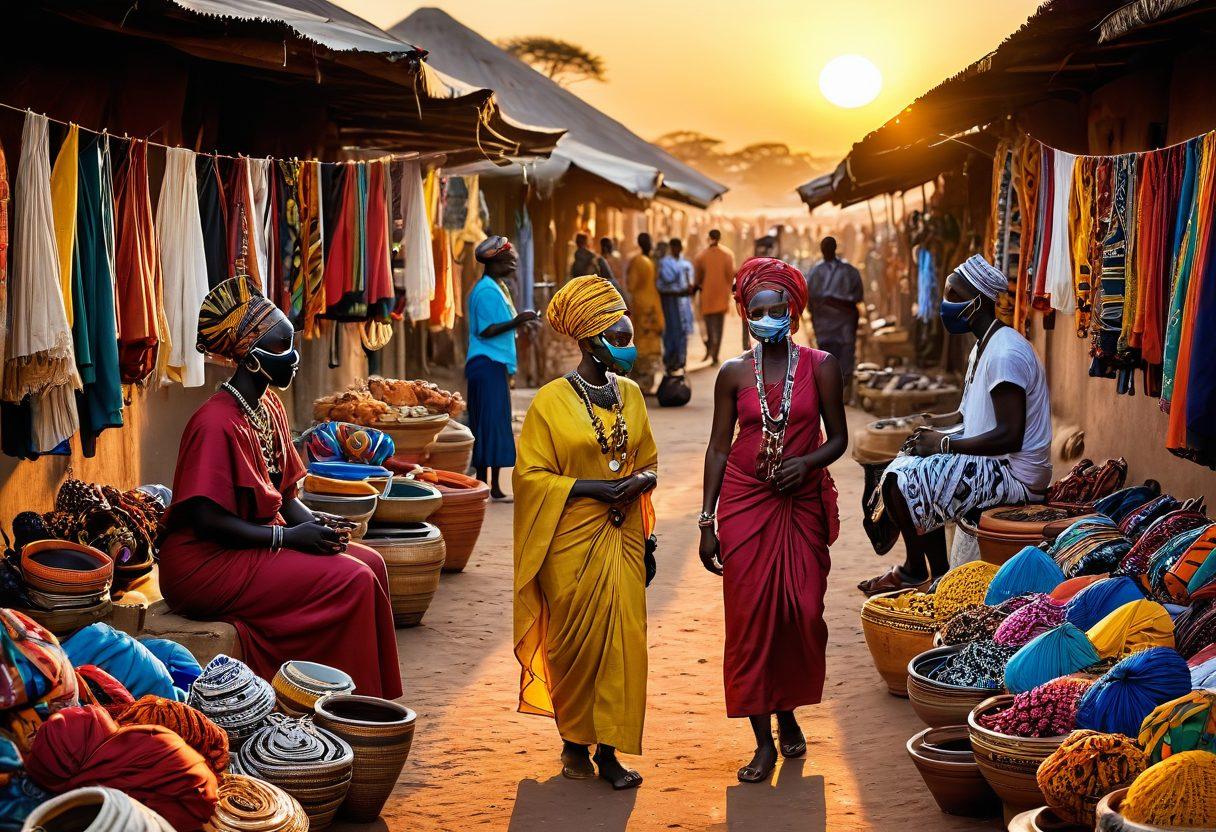 A vibrant African marketplace at sunset, filled with colorful fabrics and textures, where engaged couples are having open, candid conversations about sexuality. Include symbols of cultural heritage like traditional masks and pottery, softly illuminated by warm light. Infuse a sense of intimacy and openness in the atmosphere. vibrant colors. super-realistic. 