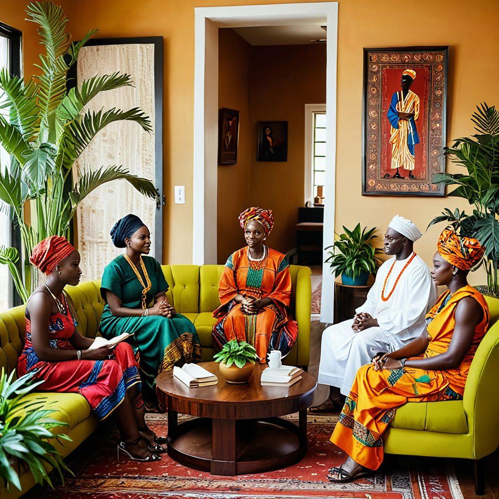 A vibrant scene depicting a traditional African setting blended with modern elements. Portray a diverse group of individuals engaged in a candid conversation, surrounded by colorful traditional fabrics and contemporary furniture. Incorporate symbols of sexual wellness like open books and plants, symbolizing growth and knowledge. Use warm lighting to create an inviting ambiance for the discussion. vibrant colors. super-realistic.