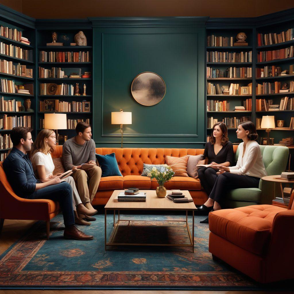 A sensual yet tasteful scene depicting a diverse group of adults engaged in intimate discussions and playful exploration. The background features subtle elements of education, such as books and art, merged with symbols of mature entertainment, like soft lighting and elegant silhouettes. This harmonious blend invites curiosity while maintaining an air of sophistication. Rich colors and smooth textures capture the essence of maturity and exploration. super-realistic. vibrant colors. elegant design.